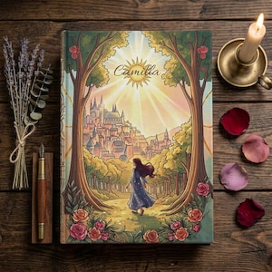 May include: A hardcover book with an illustration of a person walking toward a castle in a forest under a bright sun. The name Camilla is printed at the top. The cover features trees, roses, and a path. The book is surrounded by lavender, a pen, a candle, and rose petals.