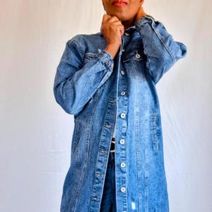 Women&#39;s Long Distressed Cotton Denim Jacket | Custom Made Boho Jean Coat | Frayed Hem Street Style | Light/Medium/Dark Wash | S-XL
