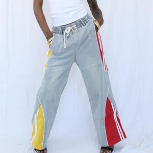 Refashioned Patchwork Jeans: Boho Streetwear, Upcycled Denim Wide Leg Pants