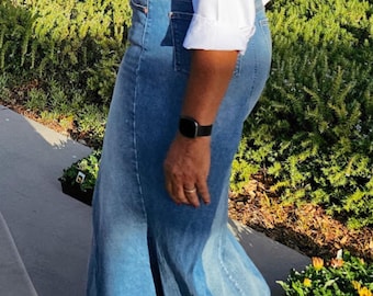 High Waist Mermaid Denim Maxi Skirt | Stretch Patchwork Recycled Jean Skirt | Boho Fishtail Skirt with Raw Hem | Plus Size Available