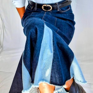 Asymmetrical Denim Maxi Skirt | Recycled Patchwork Flared Jean Skirt | Raw Hem Boho Maxi Skirt | Upcycled Women’s Sustainable Streetwear