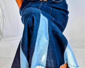 Asymmetrical Denim Maxi Skirt | Recycled Patchwork Flared Jean Skirt | Raw Hem Boho Maxi Skirt | Upcycled Women’s Sustainable Streetwear