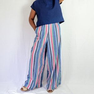 High Waisted Wide Leg Cotton Pants, Plus Size Striped Palazzo Pants, Loose Baggy Fit Lightweight Cotton Trousers, Pull On Wide Leg Pant