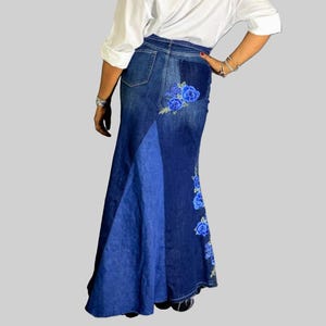Boho Patchwork Stretch Denim Maxi Skirt, Mermaid Fit Reworked Jean Skirt with Floral Appliqué, Frayed Hem, Hippie Bohemian Style, Sizes 4-24