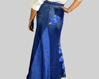 Falda larga estilo sirena vaquera elástica con diseño floral de patchwork bohemio hippie