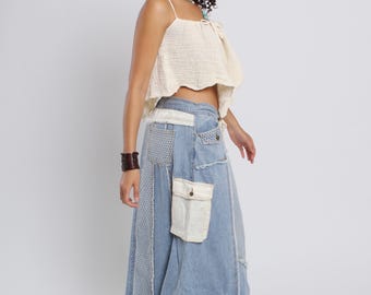 Falda larga vaquera estilo boho con patchwork - Moda urbana de moda para mujer, tallas S-L