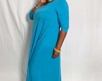 Three Quarter Sleeve Swing Dress, Scoop Neck Knit Maxi Dress ~ 1XL