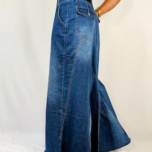 Split Denim Maxi Skirt, Chic Boho Long Denim Skirt for Women, Comfortable & Trendy Dark Wash Jean Skirt with Front Slit, Casual Street Style