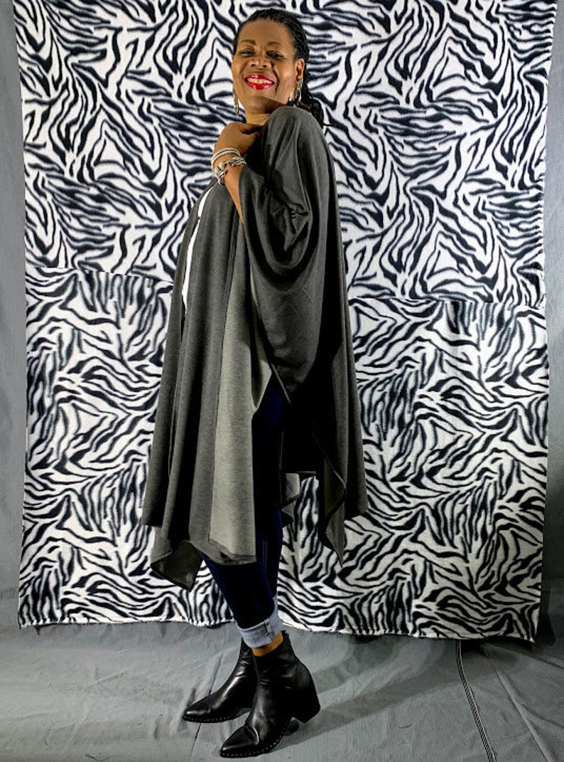 Gray Cotton French Terry Open Poncho Wrap Cardigan One Size