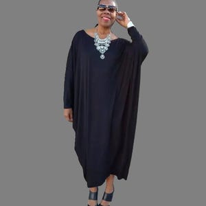 Black Bat Wing Maxi Dress | Oversized Jersey Knit Caftan with Boat Neck | Long Sleeve Lounge Dress | Resort ~ Formal Wear | Plus Size Caftan