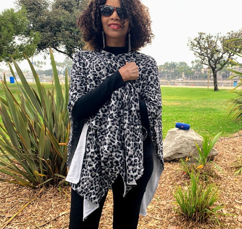 Reversible Leopard Print Poncho Wrap Cape Jacket One Size