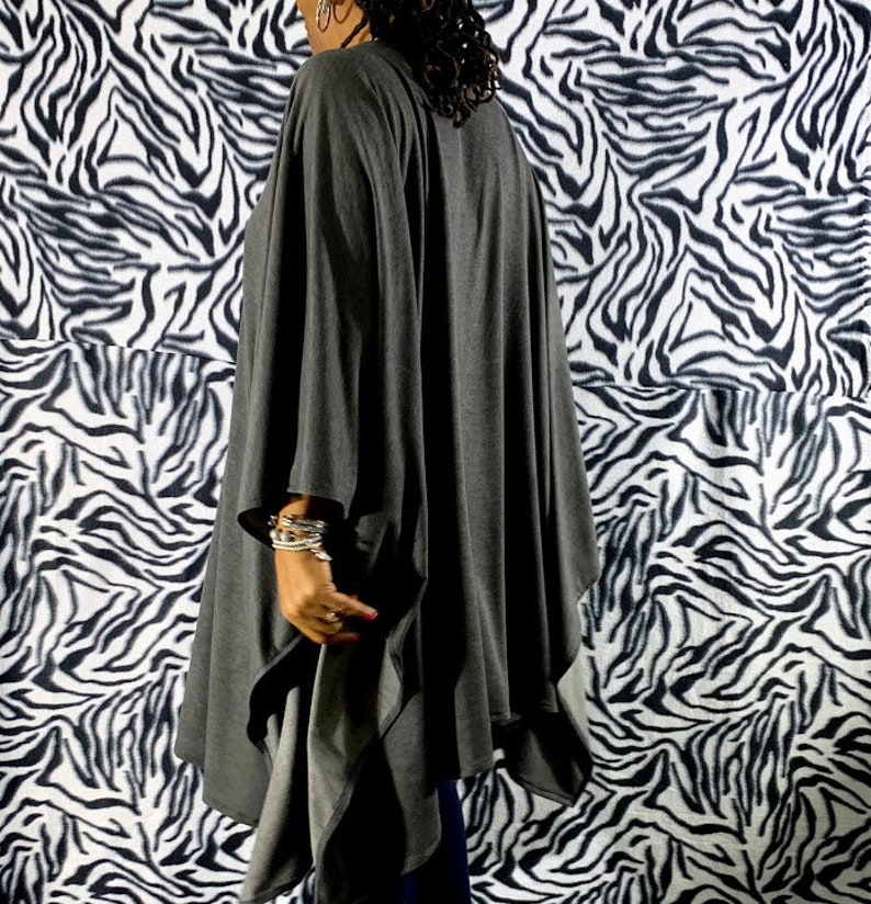 Gray Cotton French Terry Open Poncho Wrap Cardigan One Size