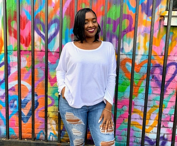 Boho Oversized Scoop Neck Tee | Slouchy Long Sleeve Knit Top
