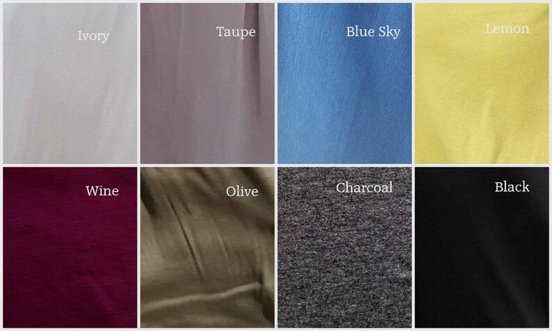 May include: A color palette featuring eight fabric swatches. Colors include ivory, taupe, blue sky, lemon, wine, olive, charcoal, and black. Each swatch is labeled with its respective color name in white text.