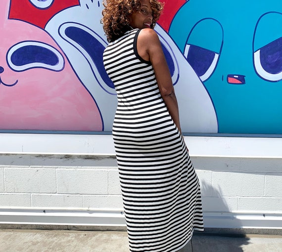 Classic Black and White Striped Cotton Relaxed Fit Tank Maxi Dress