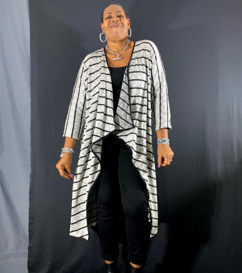Striped Cotton Knit 34 Batwing Sleeve Drape Front Cardigan With Pockets S-5XL