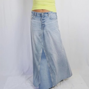 Light Blue A-Line Denim Maxi Skirt, Boho Flared Hippie Jean Skirt, Plus Size Patchwork Long Skirt, Frayed Hem, Distressed Street Style