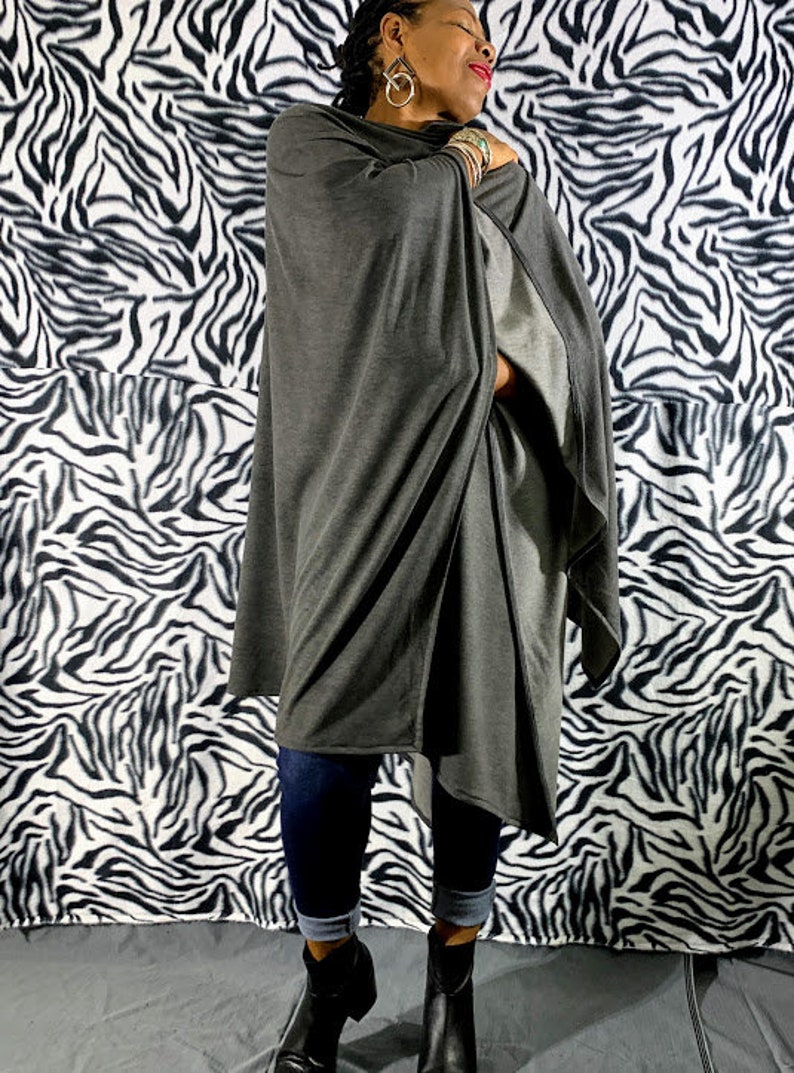 Gray Cotton French Terry Open Poncho Wrap Cardigan One Size