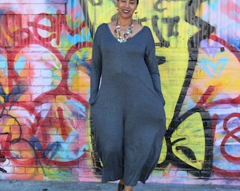 Plus Size Cropped Wide Leg Jumpsuit Long Sleeve V Neck Jersey Romper