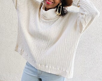 Beige Oversized Chunky Turtleneck Ribbed Pullover Cotton Sweater, Plus Size | Gift For Her