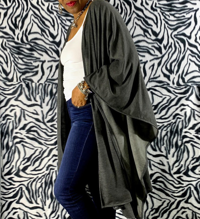 Gray Cotton French Terry Open Poncho Wrap Cardigan One Size