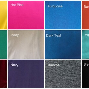 May include: A color palette featuring fabric swatches in various shades. Colors include sunflower yellow, hot pink, turquoise, burnt orange, emerald green, ivory, dark teal, aqua, wine, navy, charcoal gray, and black. Each swatch has a color name label.