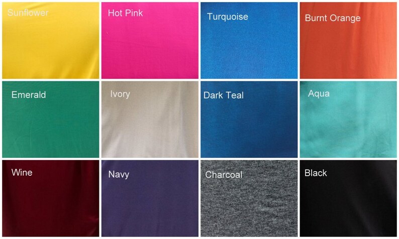May include: A color palette featuring fabric swatches in various shades. Colors include sunflower yellow, hot pink, turquoise, burnt orange, emerald green, ivory, dark teal, aqua, wine, navy, charcoal gray, and black. Each swatch has a color name label.
