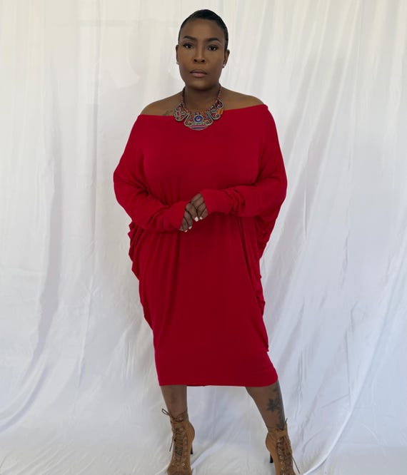 slouchy jersey dress Long Sleeve Jersey Midi Dress, Slouchy Bat-wing Cocoon Dress, Lounge,  Resort, Formal
