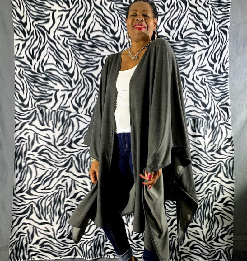Gray Cotton French Terry Open Poncho Wrap Cardigan One Size