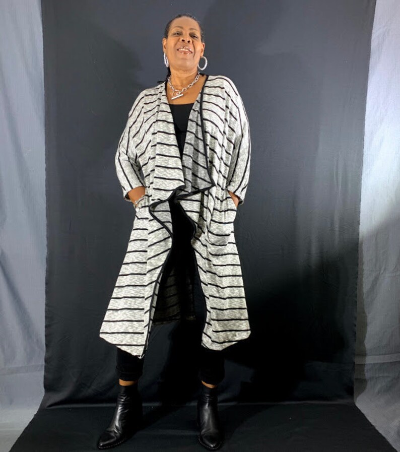 Striped Cotton Knit 34 Batwing Sleeve Drape Front Cardigan With Pockets S-5XL