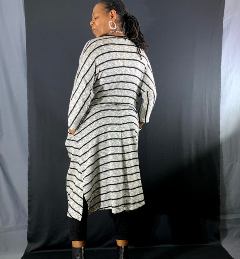 Striped Cotton Knit 34 Batwing Sleeve Drape Front Cardigan With Pockets S-5XL