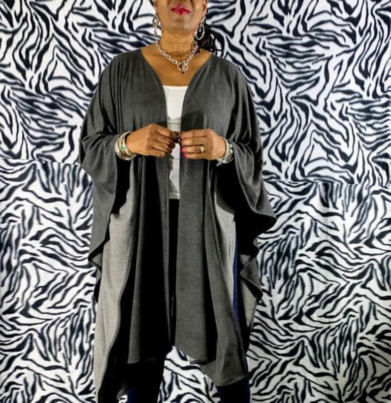 Gray Cotton French Terry Open Poncho Wrap Cardigan One Size