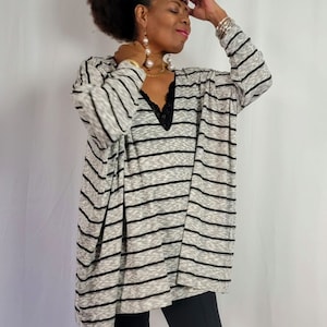 Plus Size Striped V Neck Long Sleeve Pullover Oversized Cotton Knit Sweater - One Size Plus