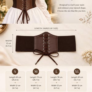 May include: A brown corset belt featuring a front lace-up design with metal eyelets and wide elastic side panels. The belt has a width of 4.7 inches. A size guide chart lists lengths for sizes S, M, L, and XL ranging from 25.6 to 32.7 inches.
