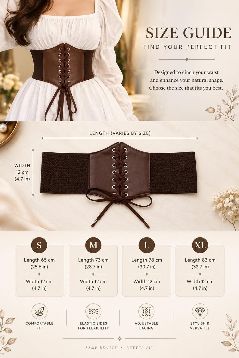 May include: A brown corset belt featuring a front lace-up design with metal eyelets and wide elastic side panels. The belt has a width of 4.7 inches. A size guide chart lists lengths for sizes S, M, L, and XL ranging from 25.6 to 32.7 inches.