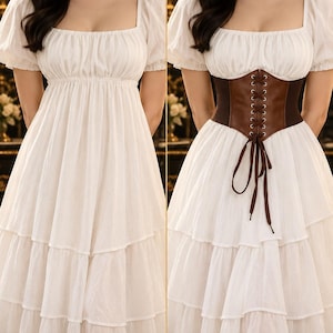 May include: A white tiered dress with puff sleeves shown before and after adding a brown lace-up corset belt. The text reads BEFORE, AFTER, and FROM LOOSE TO DEFINED. The corset features metal eyelets and brown ribbon ties at the waist.