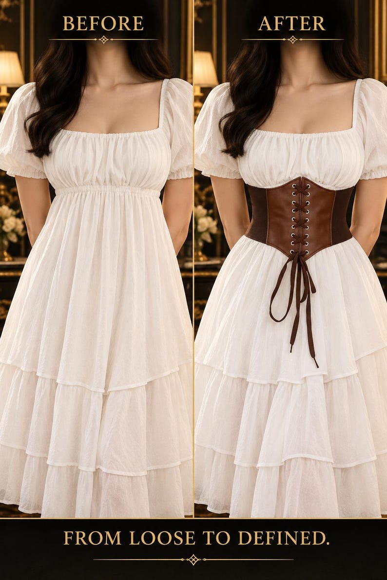 May include: A white tiered dress with puff sleeves shown before and after adding a brown lace-up corset belt. The text reads BEFORE, AFTER, and FROM LOOSE TO DEFINED. The corset features metal eyelets and brown ribbon ties at the waist.