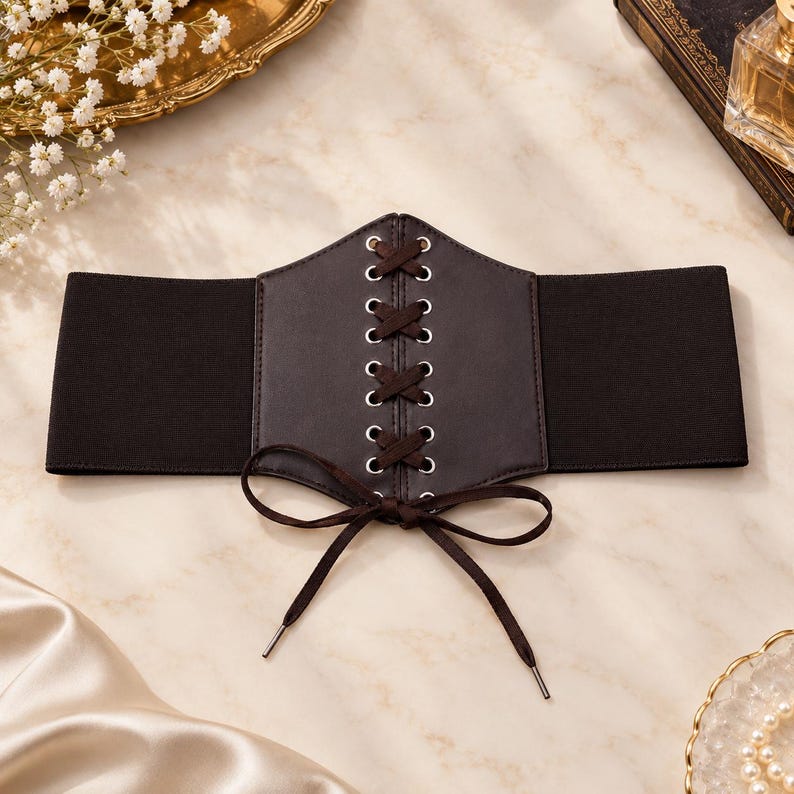 May include: A wide black elastic corset belt featuring a central dark brown faux leather panel with silver-toned metal eyelets and a crisscross lace-up design. The front includes a decorative brown ribbon tied into a bow at the bottom.