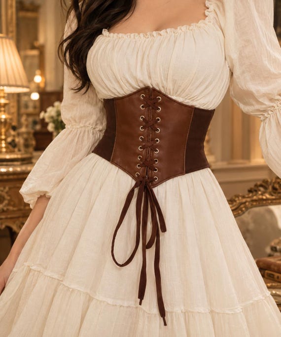 Brown Faux Leather Corset Belt, Lace-Up Waist Cincher, Gothic Victorian Style