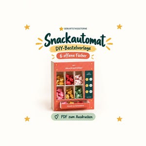 Könnte beinhalten: Eine DIY-Bastelvorlage für einen Snackautomaten, bestehend aus einem roten rechteckigen Kasten mit sechs offenen Fächern voller bunter Bonbons, einem Auswahlfeld mit den Zahlen eins bis sechs und einer Schublade mit SÜSSE KLEINIGKEITEN.