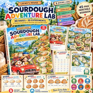 May include: A 45-page printable sourdough adventure lab workbook featuring a red car, a character with a dog, and various baking mission pages. The cover displays the title Sourdough Adventure Lab, 30 bakes, 30 experiments, and a map.
