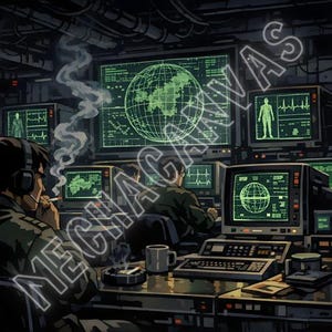 May include: A dark, retro-style control room illustration featuring multiple computer monitors displaying green wireframe globes, medical data, and heart rate monitors. A person with headphones smokes a cigarette at a desk with a mug.