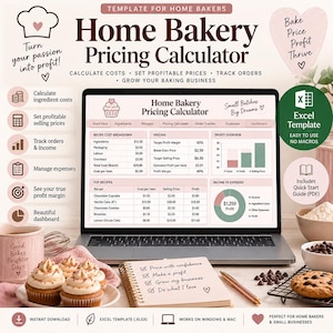 Puede incluir: Una calculadora digital de precios para repostería casera en una pantalla de portátil, con pestañas para ingredientes, recetas y seguimiento de pedidos. La interfaz incluye tablas de desglose de costes, márgenes de beneficio y gráficos.