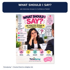 Op de afbeelding: Een productomslag getiteld What Should I Say? Job Interview Answer & Confidence Toolkit. Het toont een peinzend persoon, een roze tekstballon met een vraagteken en tekst zoals Turn your nerves into confidence en You Got This.
