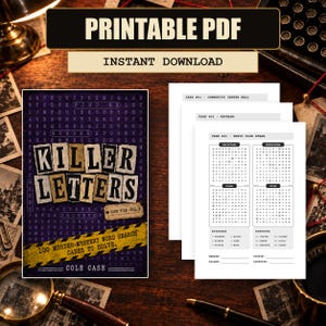 May include: A printable PDF murder mystery word search game titled Killer Letters by Cole Case. The cover features a dark purple grid of letters with torn paper text and a yellow caution tape banner. Includes multiple case file pages.
