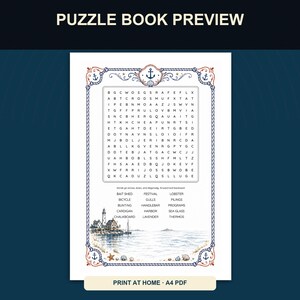 May include: A printable word search puzzle page featuring a nautical theme with a lighthouse and ocean illustration. The border includes rope and anchor motifs. The text reads PUZZLE BOOK PREVIEW, PRINT AT HOME A4 PDF, and lists words like BAIT SHED, LOBSTER, and SEA GLASS.