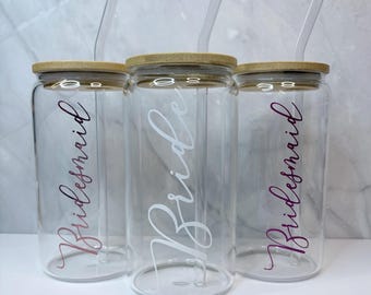 Personalized Bridesmaid Iced Coffee Glass, Bride Cup, Custom Bridal Party Gift, Glass with Bamboo Lid & Straw