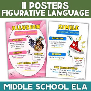 以下が含まれることがあります： 11 Posters Figurative Language Middle School ELAと題された2枚の教育用ポスター。左のポスターはパンドラの箱のイラストで「Allusion（暗示）」を定義し、右のポスターは赤いスニーカーと稲妻のイラストで「Simile（直喩）」を定義しています。