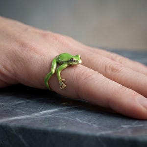 Könnte beinhalten: Ein Ring in Form eines kleinen grünen Frosches mit glatter, glänzender Oberfläche. Der Frosch ist so positioniert, dass sein Körper auf dem Finger liegt, während seine Vorderbeine an der Seite herabhängen und die Hinterbeine den Ring umschließen.