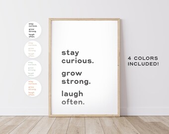 Stay Curious, Grow Strong, Laugh Often – Office Wall Decor, Positive Home Prints, Growth Mindset Print, Happiness Art – DIGITAL DOWNLOAD